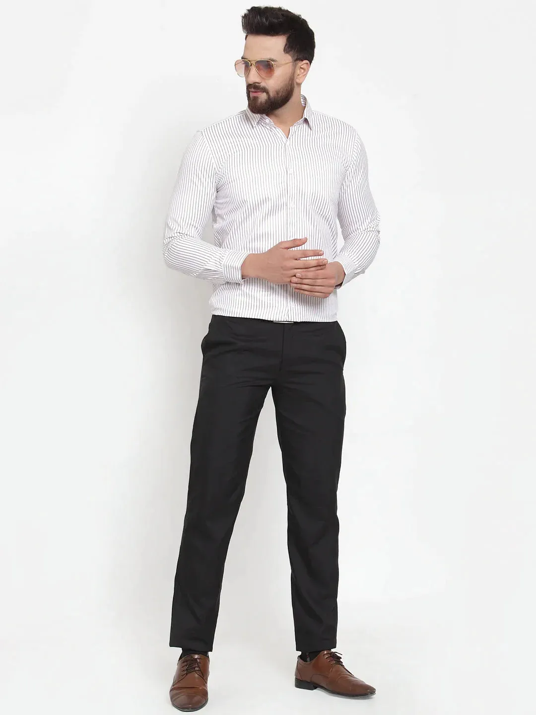 White Men'S Cotton Stiped Formal Shirts