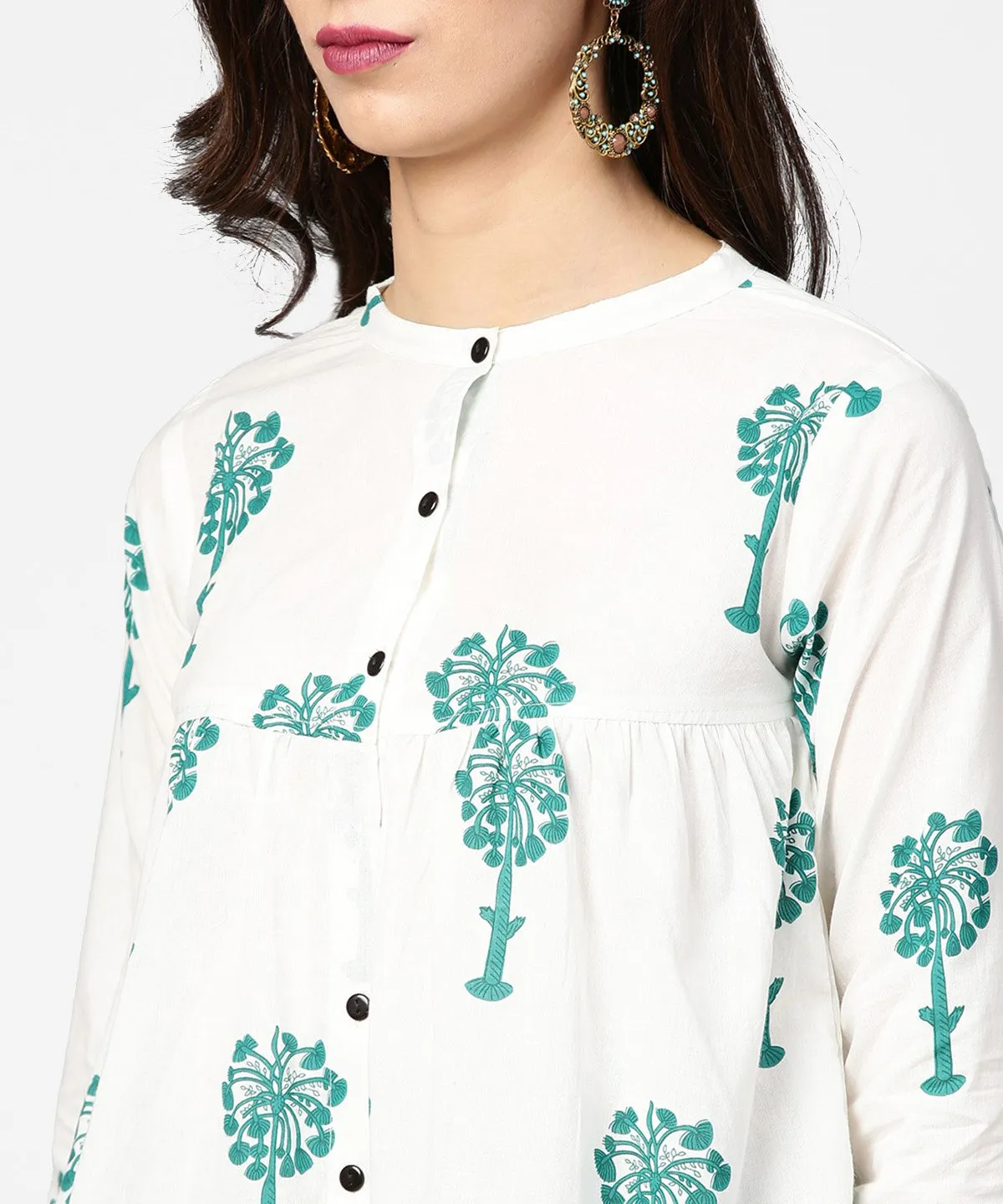 White Printed 3/4Th Sleeve Cotton Tops With Green Palazzo Set