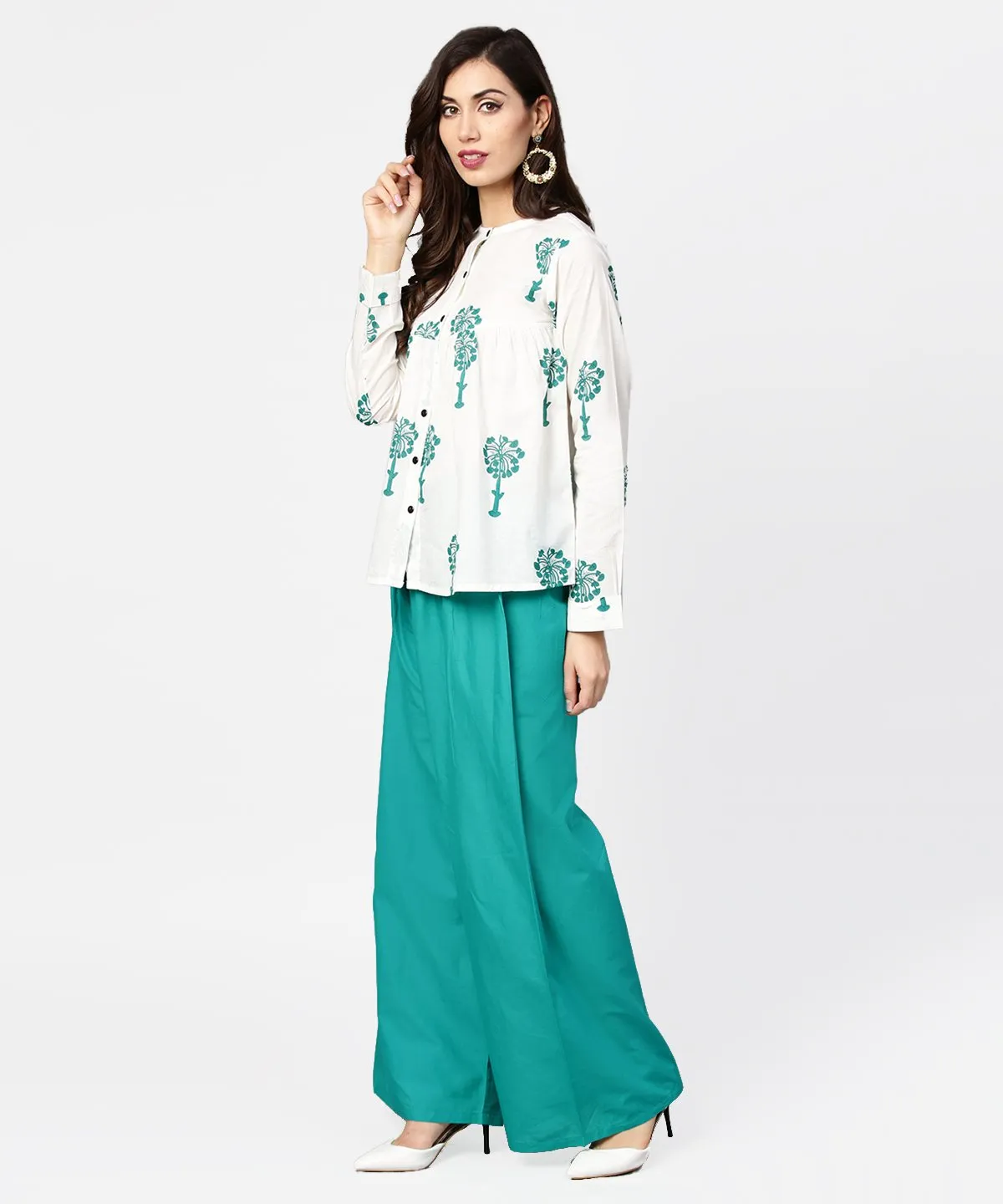 White Printed 3/4Th Sleeve Cotton Tops With Green Palazzo Set