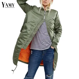 Winter long jackets and coats 2017 spring female coat casual  military olive green bomber jacket women basic jackets plus size