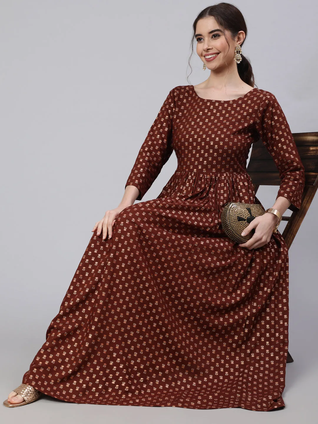 Wome Brown Printed Flared Dress With Three Quarter Sleeves