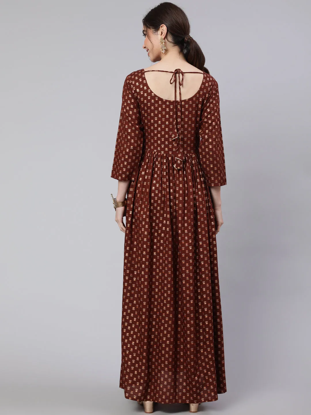 Wome Brown Printed Flared Dress With Three Quarter Sleeves