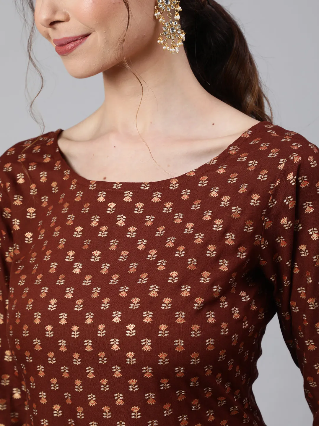 Wome Brown Printed Flared Dress With Three Quarter Sleeves