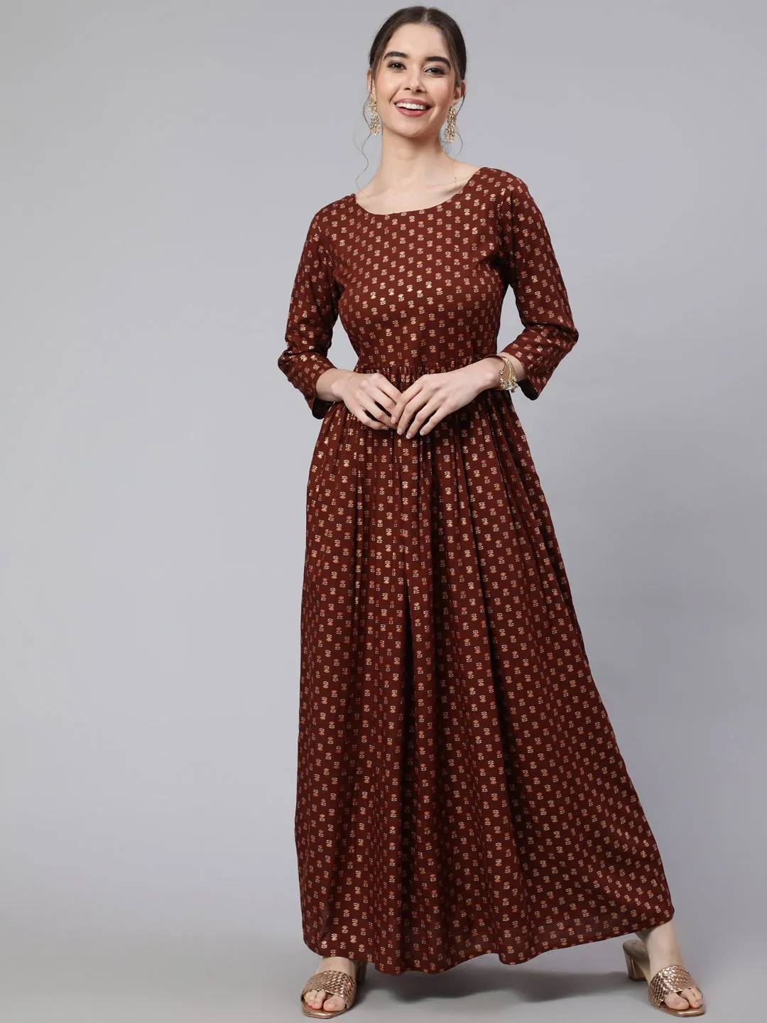 Wome Brown Printed Flared Dress With Three Quarter Sleeves