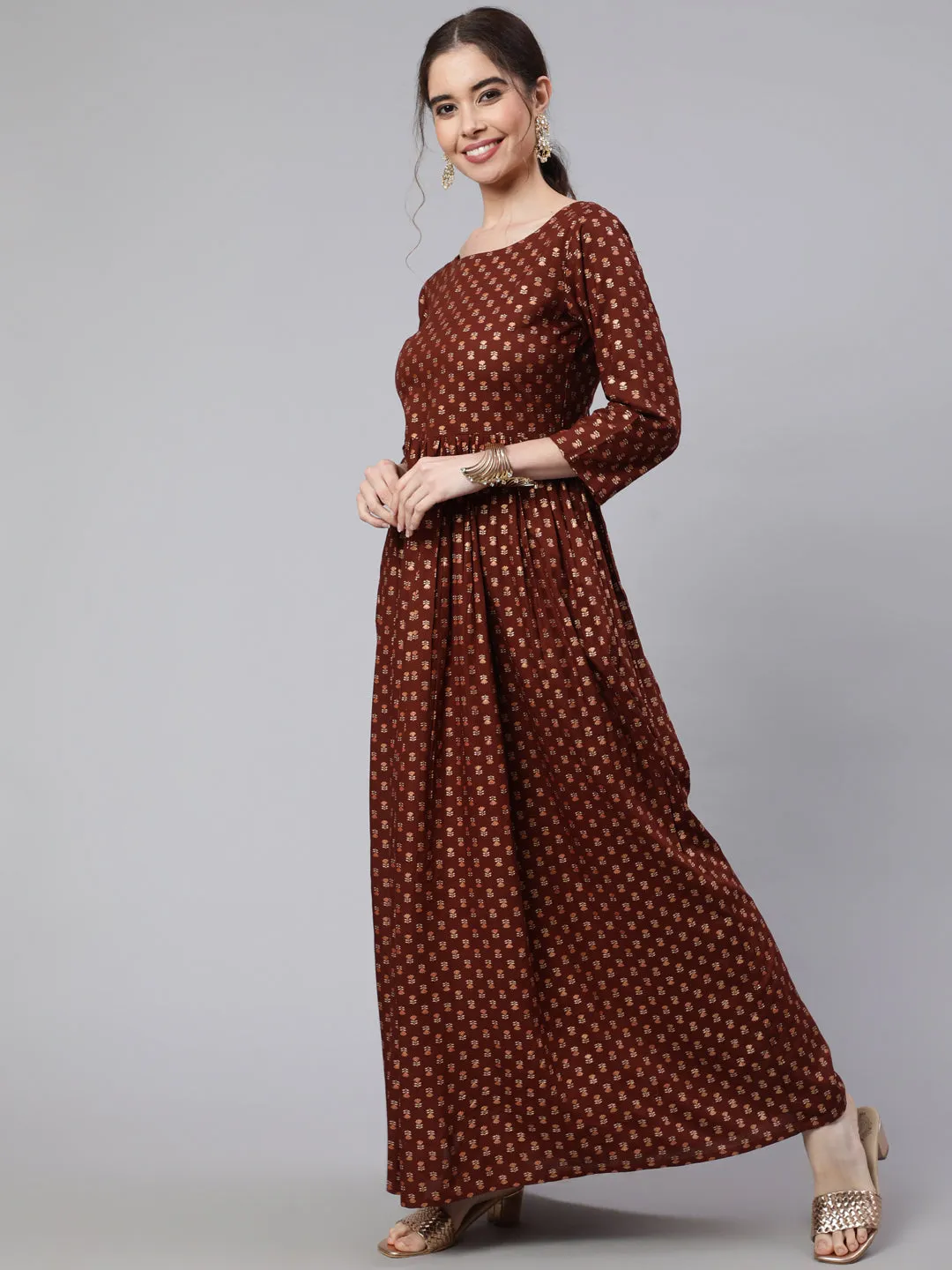 Wome Brown Printed Flared Dress With Three Quarter Sleeves