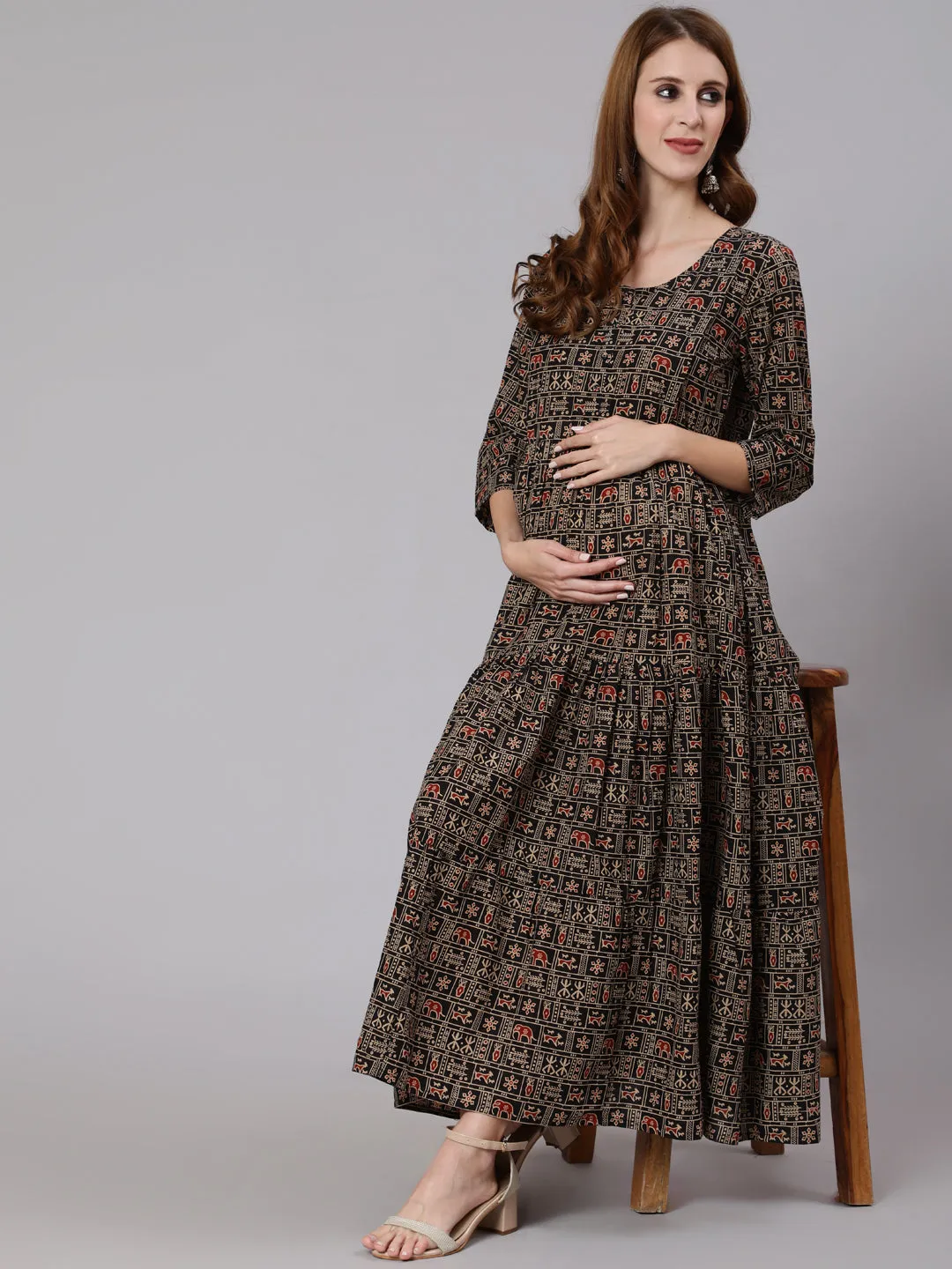 Women Black & Beige Ethnic Printed Maternity Dress With Three Quarter Sleeves