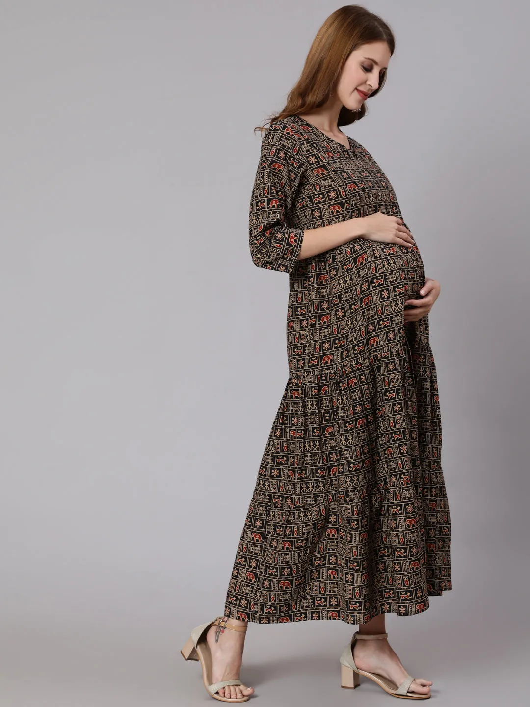 Women Black & Beige Ethnic Printed Maternity Dress With Three Quarter Sleeves