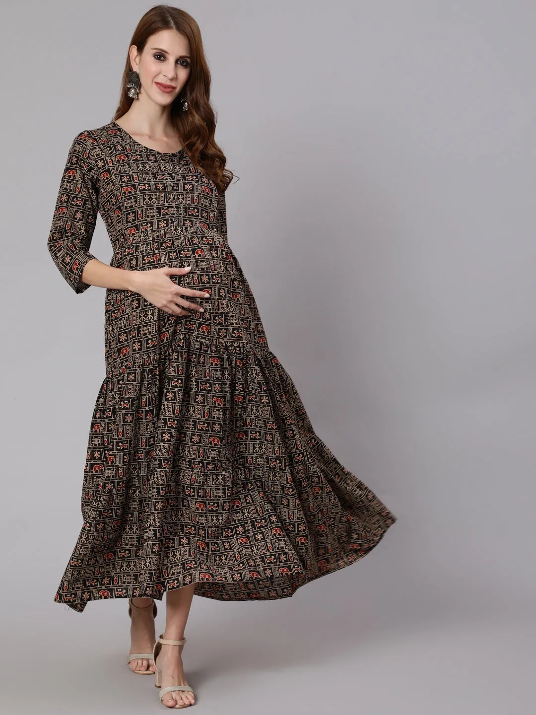 Women Black & Beige Ethnic Printed Maternity Dress With Three Quarter Sleeves