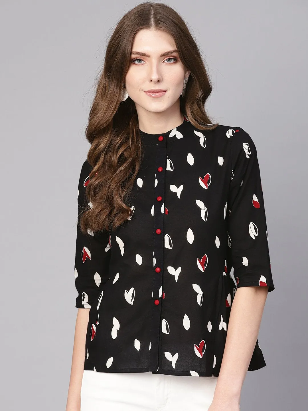 Women Black & White Printed Shirt Style Top