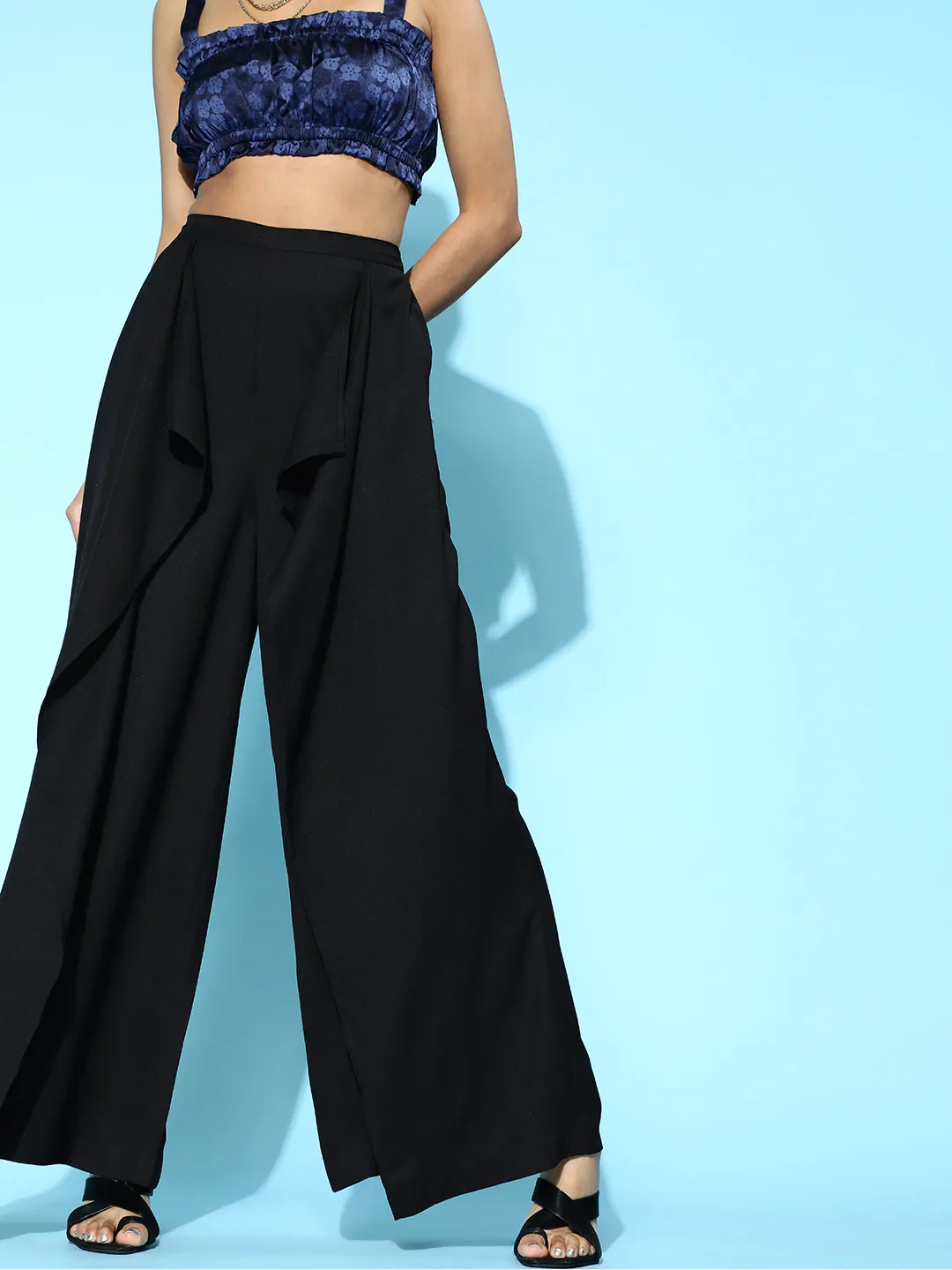 Women Black Front Frill Pants