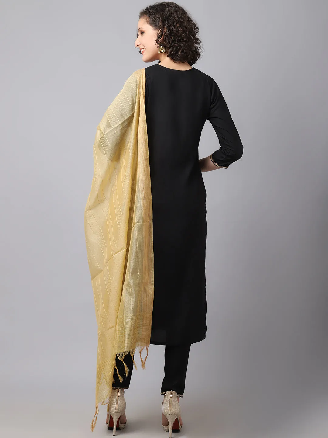 Women Black Rayon Kurta Set With Hand Jardozi Embroidery