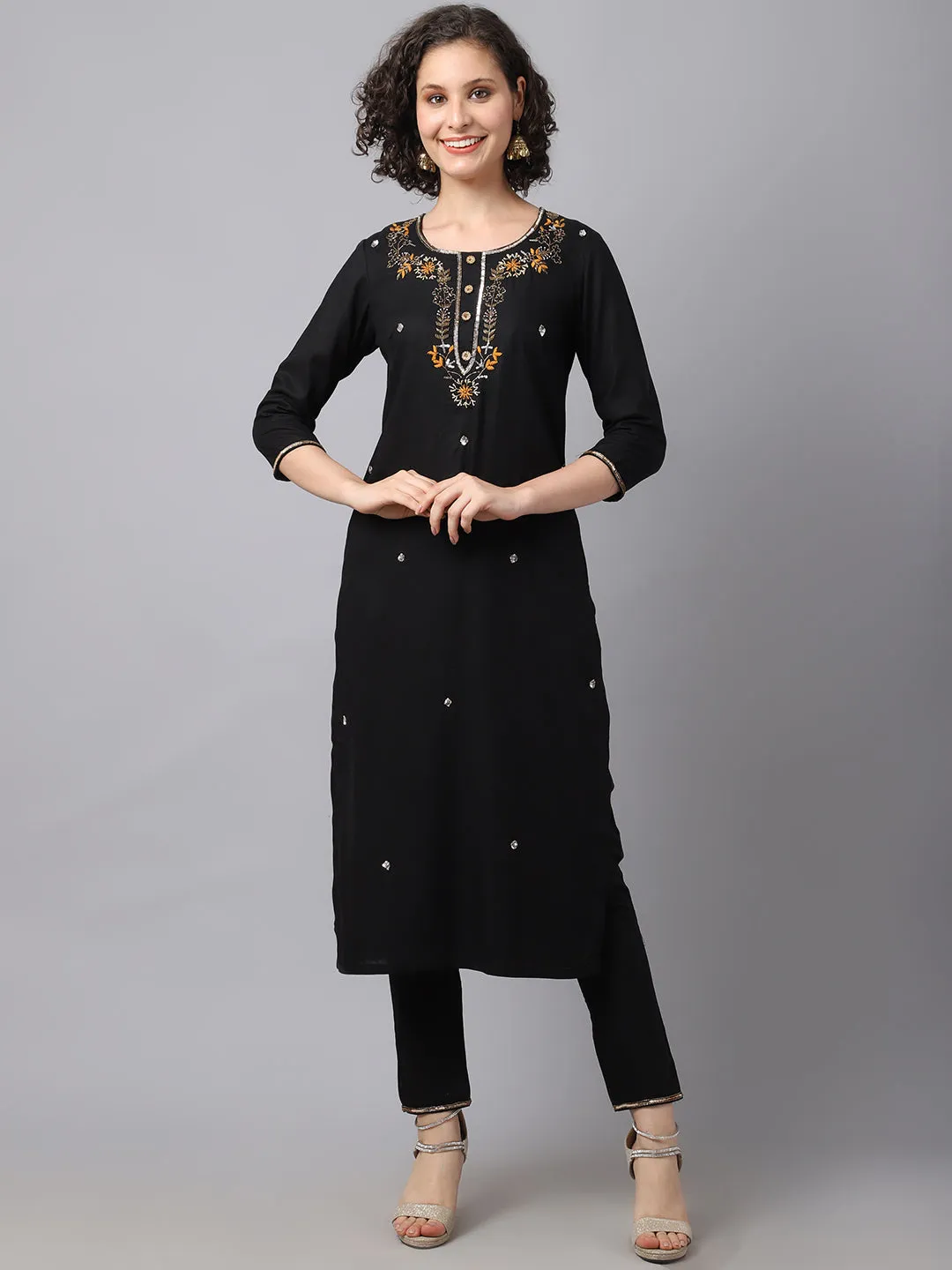 Women Black Rayon Kurta Set With Hand Jardozi Embroidery