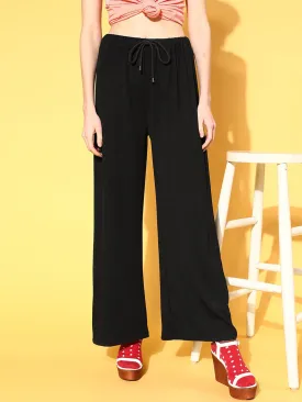 Women Black Ribbed Wide Leg Drawstring Pants