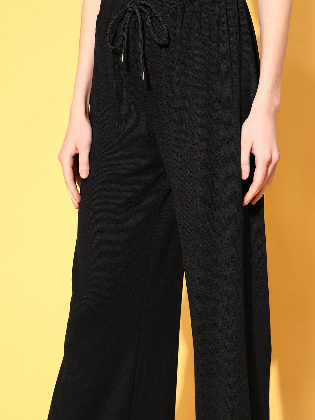 Women Black Ribbed Wide Leg Drawstring Pants