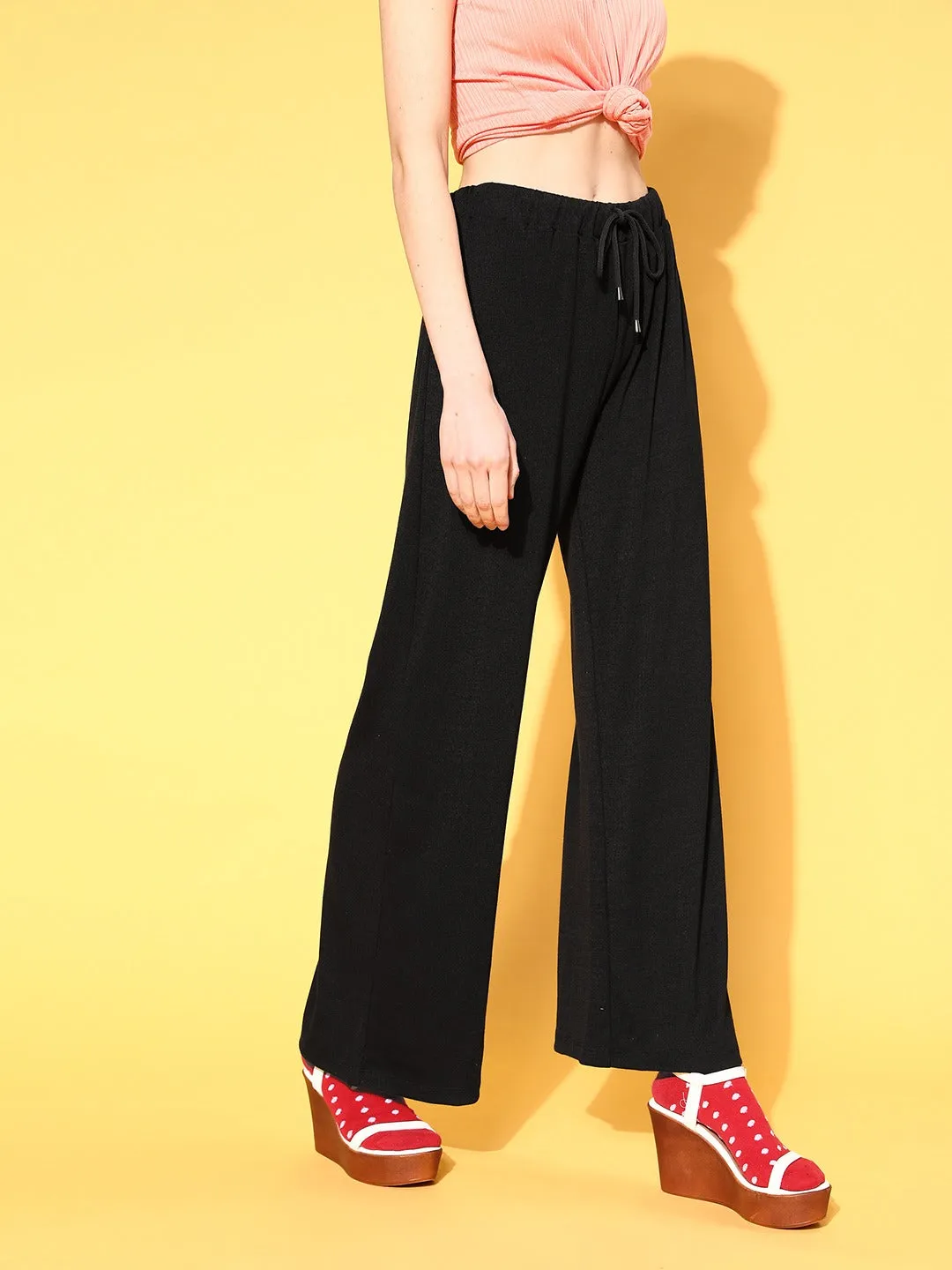 Women Black Ribbed Wide Leg Drawstring Pants