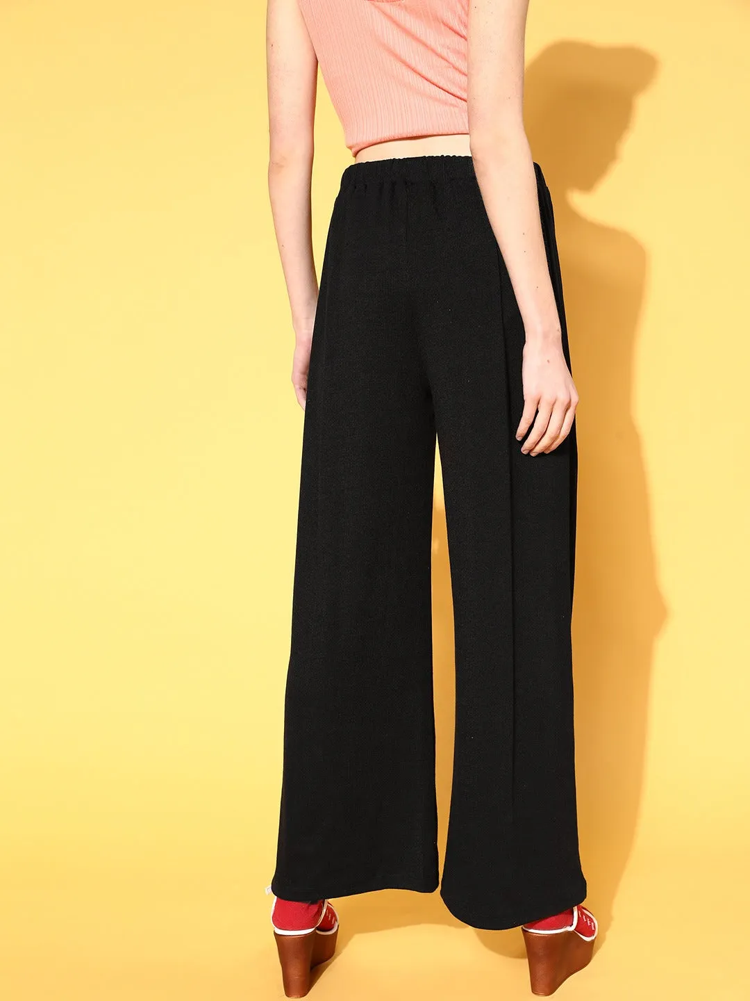 Women Black Ribbed Wide Leg Drawstring Pants