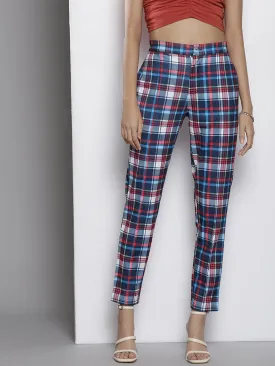 Women Blue Check Knit Tapered Pants