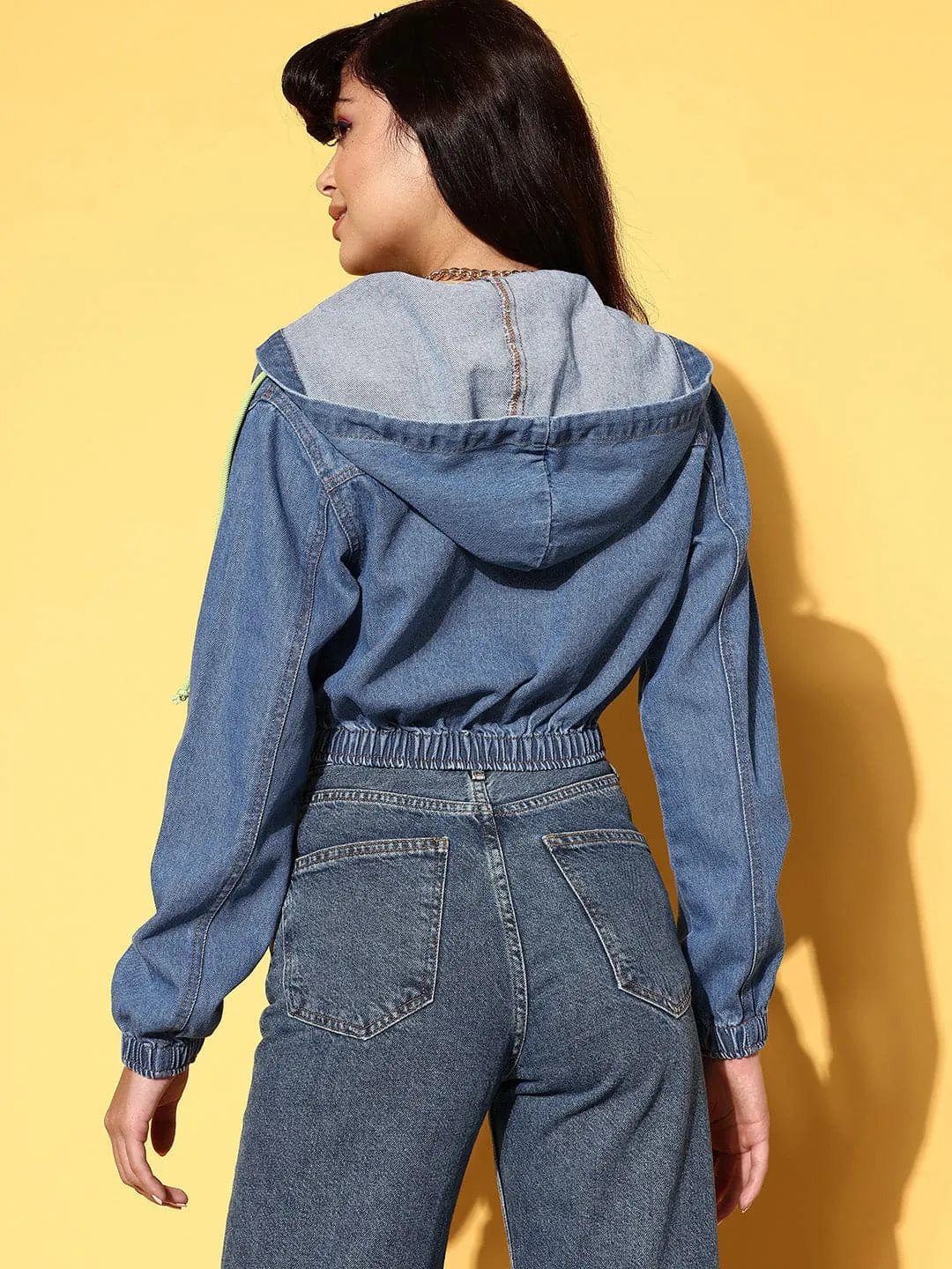 Women Blue Hooded Denim Crop Jacket