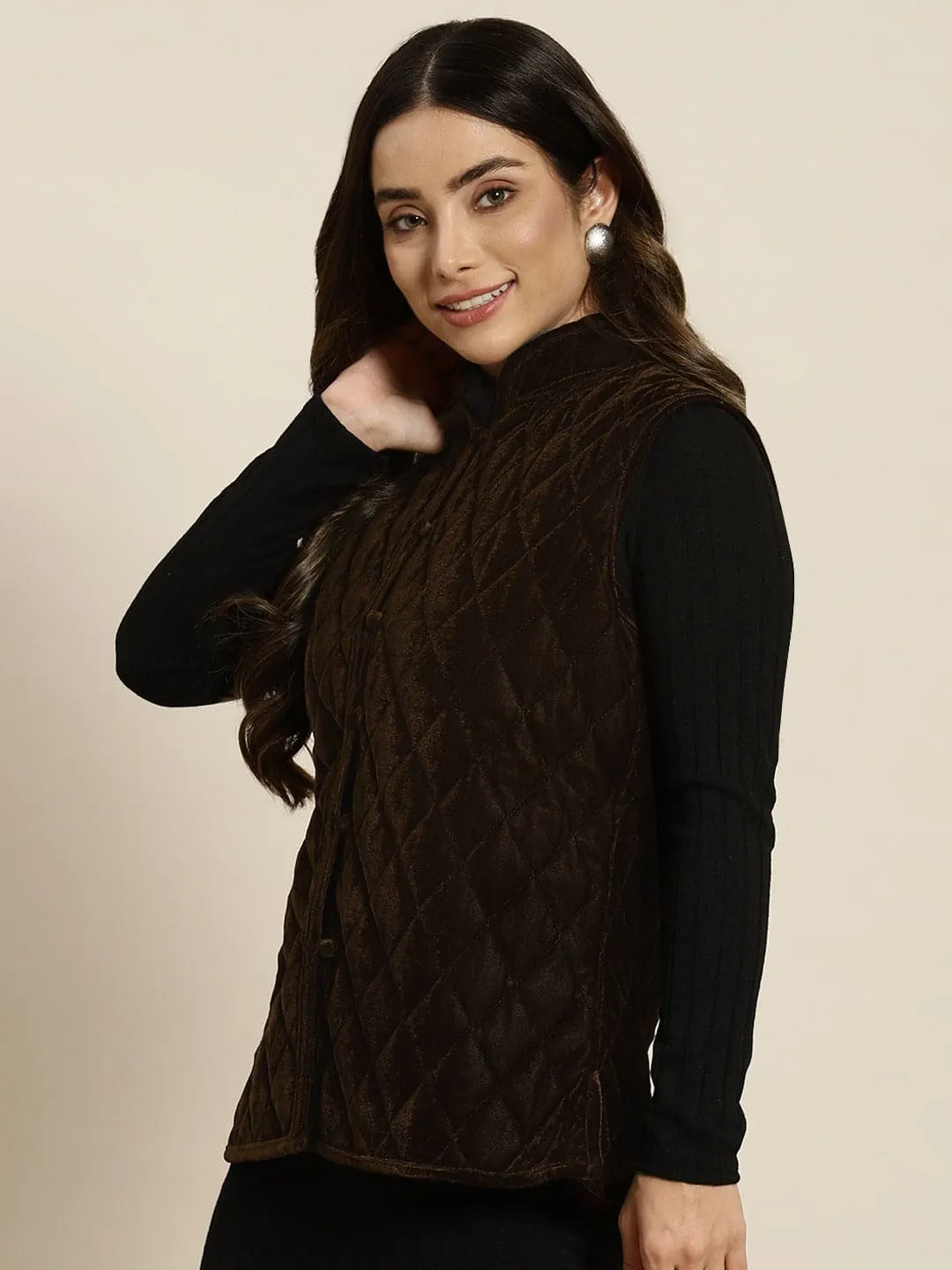 Women Brown Velvet Sleeveless Quilted Jacket