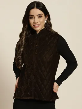 Women Brown Velvet Sleeveless Quilted Jacket