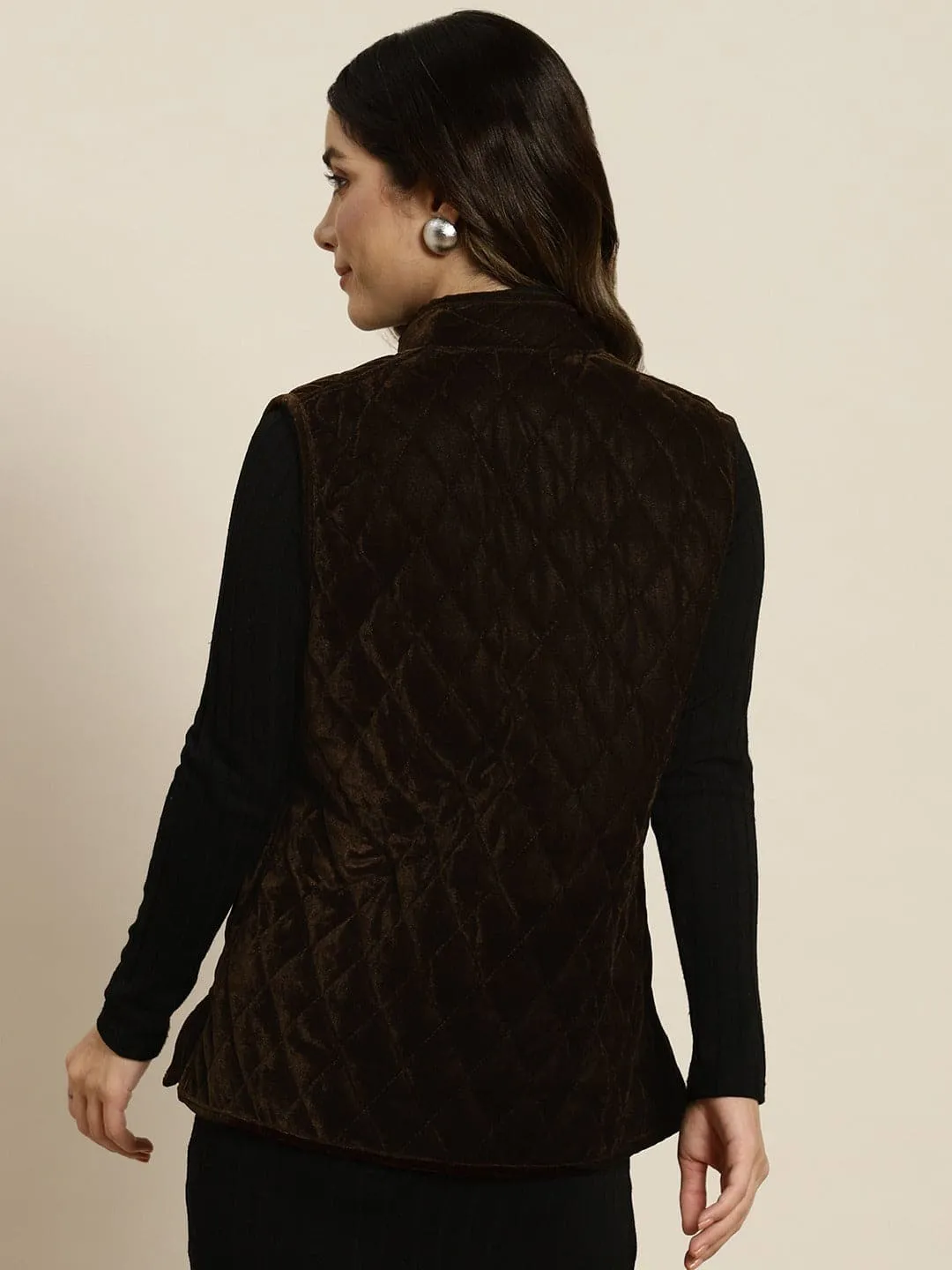 Women Brown Velvet Sleeveless Quilted Jacket