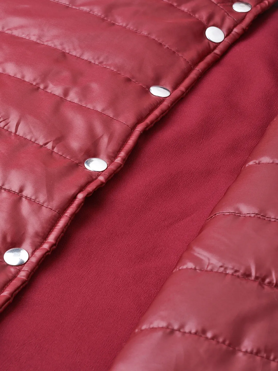 Women Burgundy High Neck Qulited Jacket