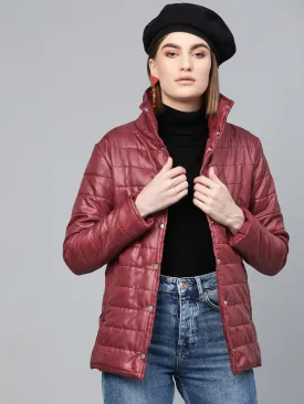 Women Burgundy High Neck Qulited Jacket