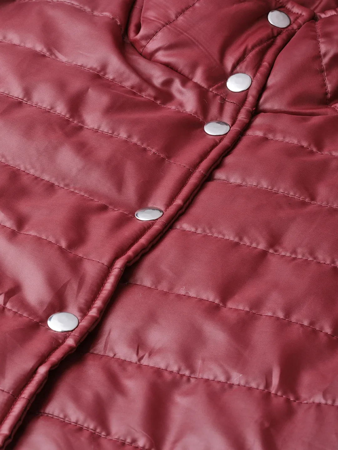 Women Burgundy High Neck Qulited Jacket