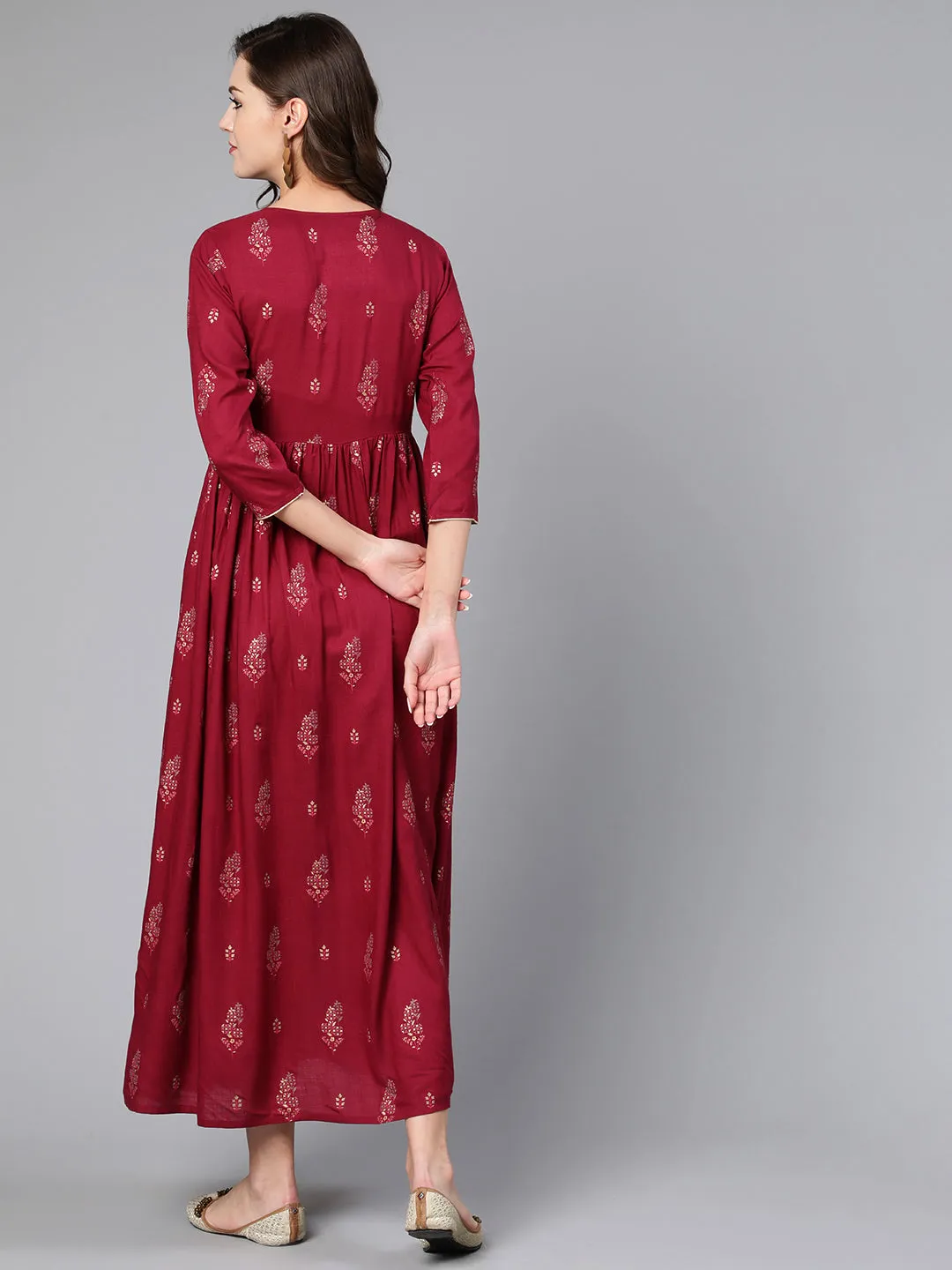 Women Burgundy Printed Flared Dress With Three Quarter Sleeves