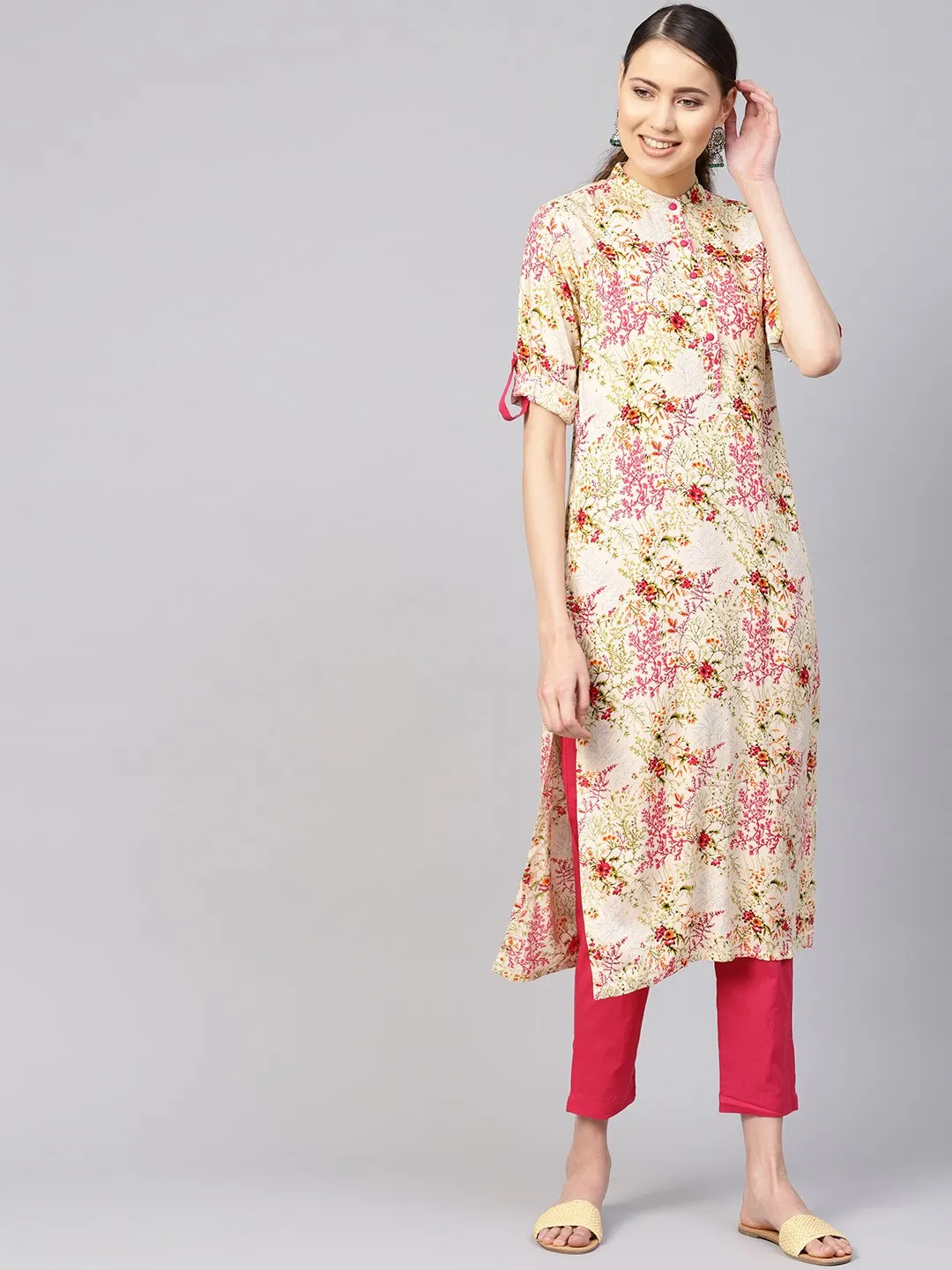 Women Cream-Coloured & Pink Printed Kurta With Trousers