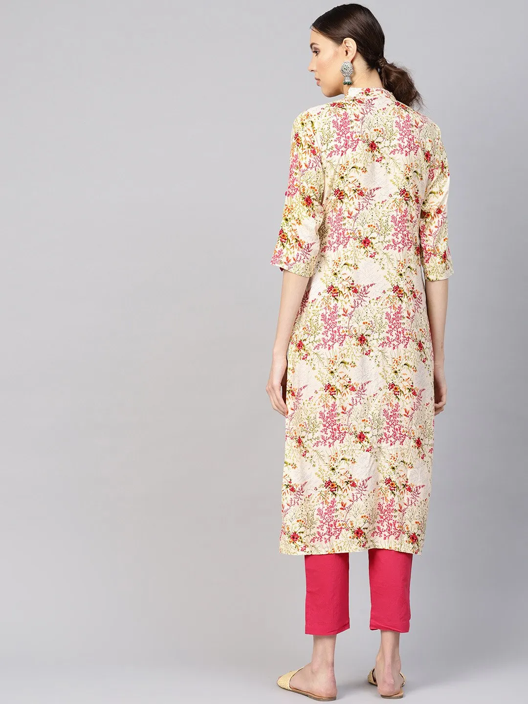 Women Cream-Coloured & Pink Printed Kurta With Trousers