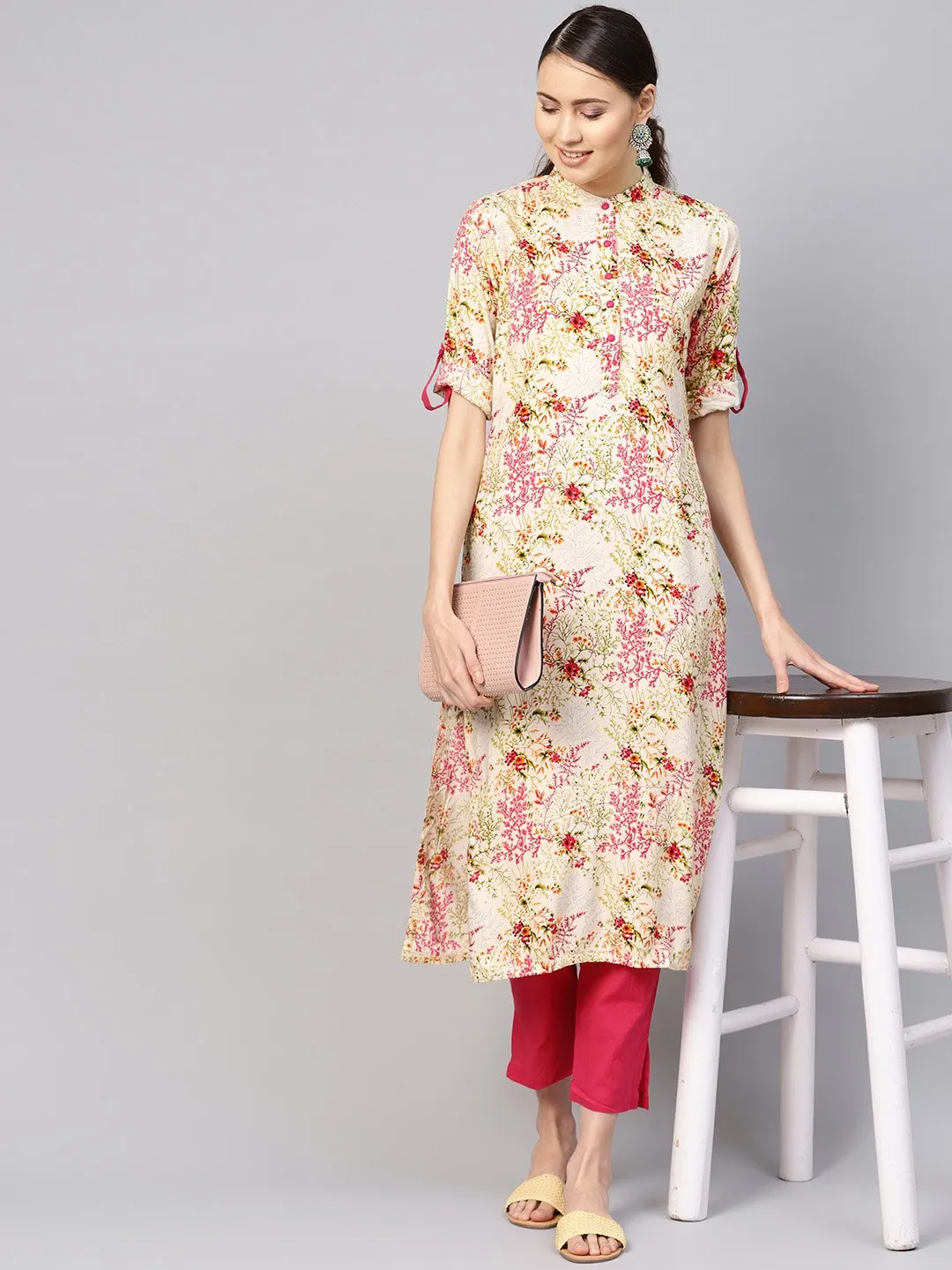 Women Cream-Coloured & Pink Printed Kurta With Trousers