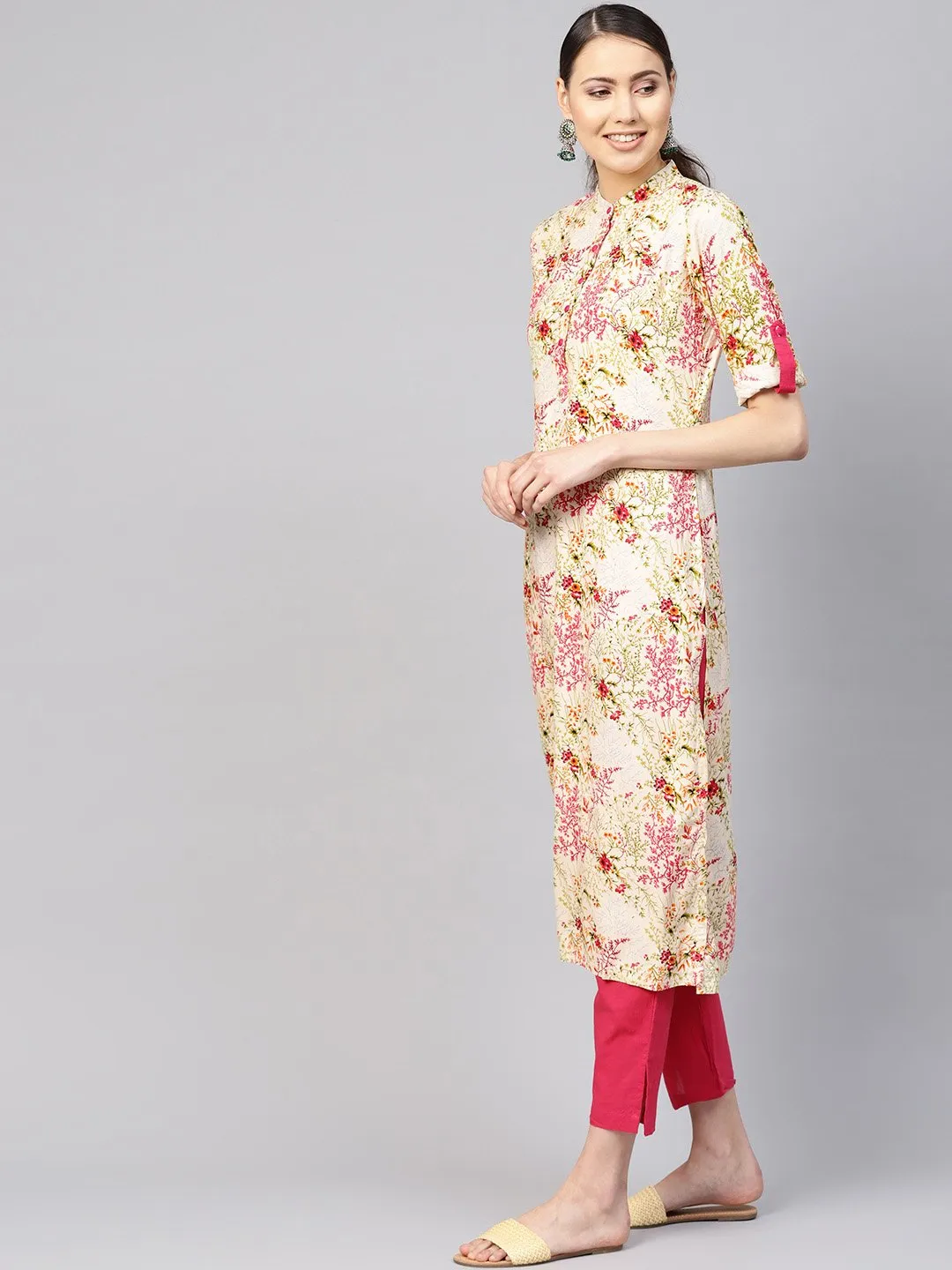 Women Cream-Coloured & Pink Printed Kurta With Trousers