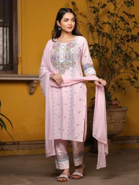 Women Floral Printed Pink Cotton Cambric Kurta, Pants & Dupatta Set