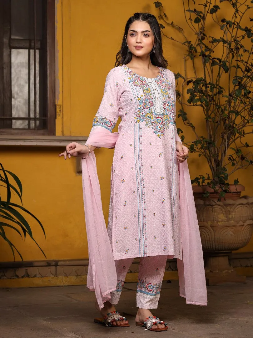 Women Floral Printed Pink Cotton Cambric Kurta, Pants & Dupatta Set