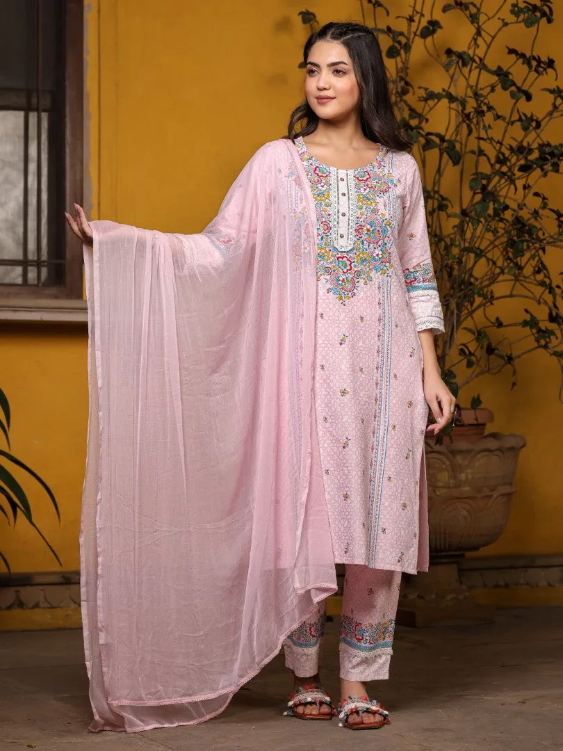 Women Floral Printed Pink Cotton Cambric Kurta, Pants & Dupatta Set