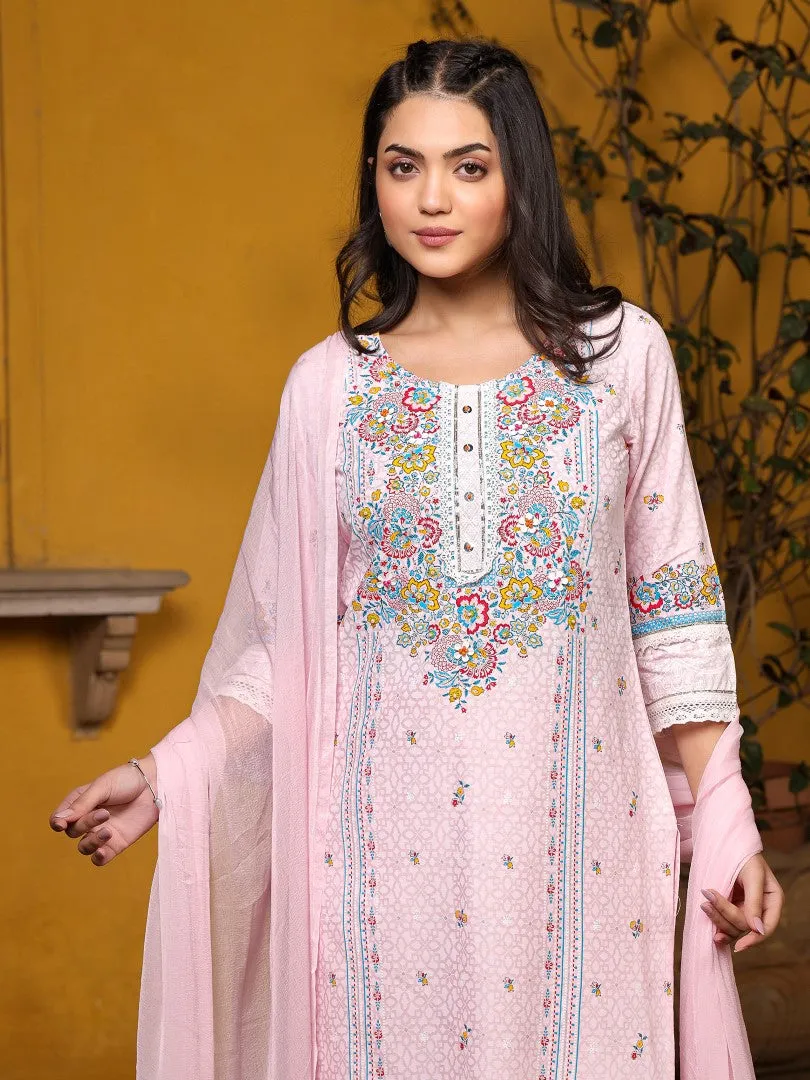 Women Floral Printed Pink Cotton Cambric Kurta, Pants & Dupatta Set