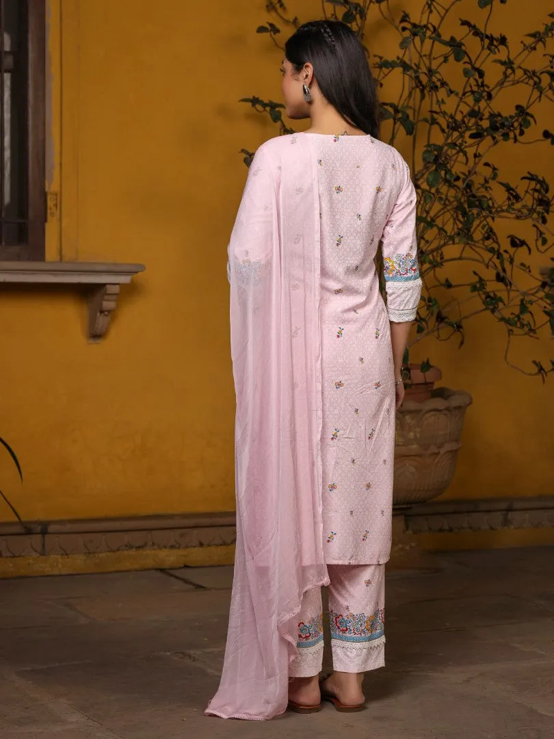 Women Floral Printed Pink Cotton Cambric Kurta, Pants & Dupatta Set