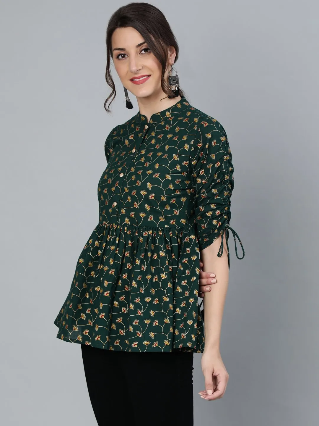 Women Green Floral Printed Top With Mandarin Collar & Three Quarter Sleeves