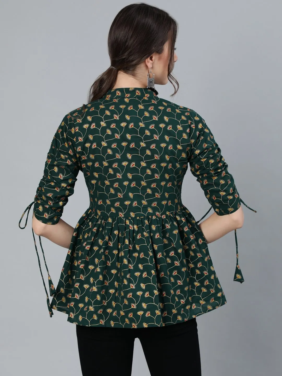 Women Green Floral Printed Top With Mandarin Collar & Three Quarter Sleeves