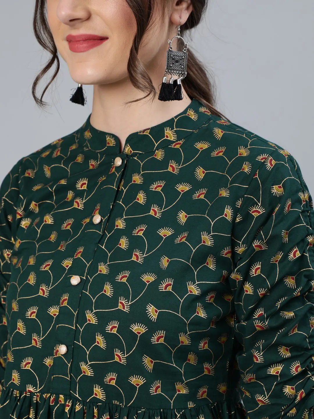 Women Green Floral Printed Top With Mandarin Collar & Three Quarter Sleeves