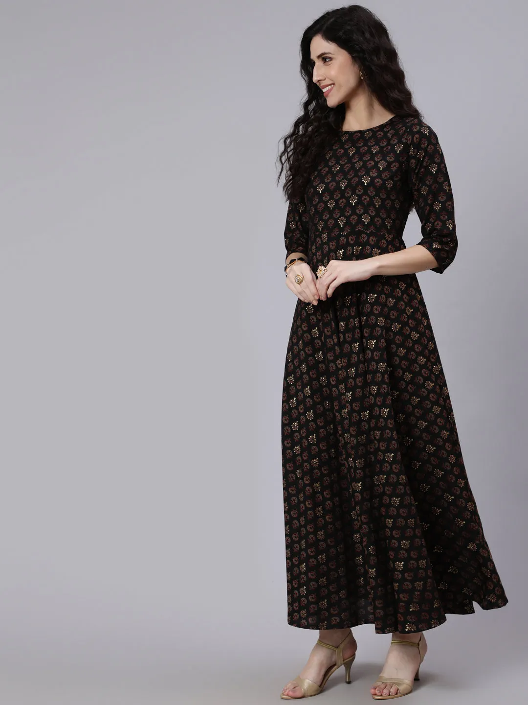 Women Green Printed Maslen Flared Dress With Boat Neck