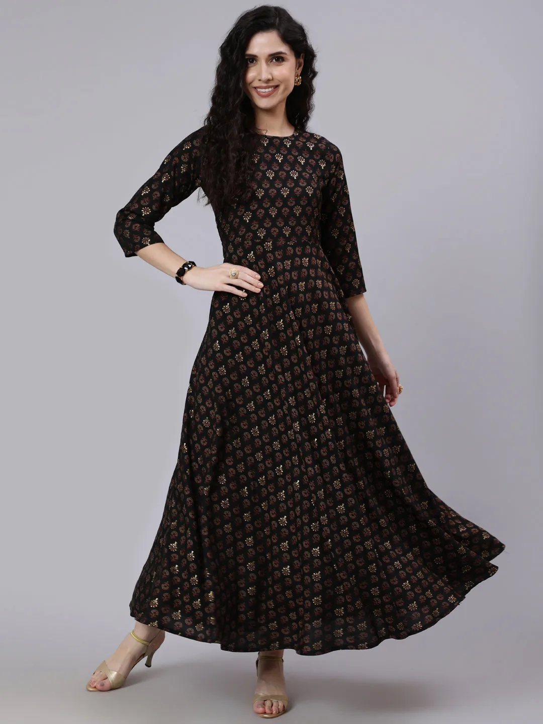 Women Green Printed Maslen Flared Dress With Boat Neck