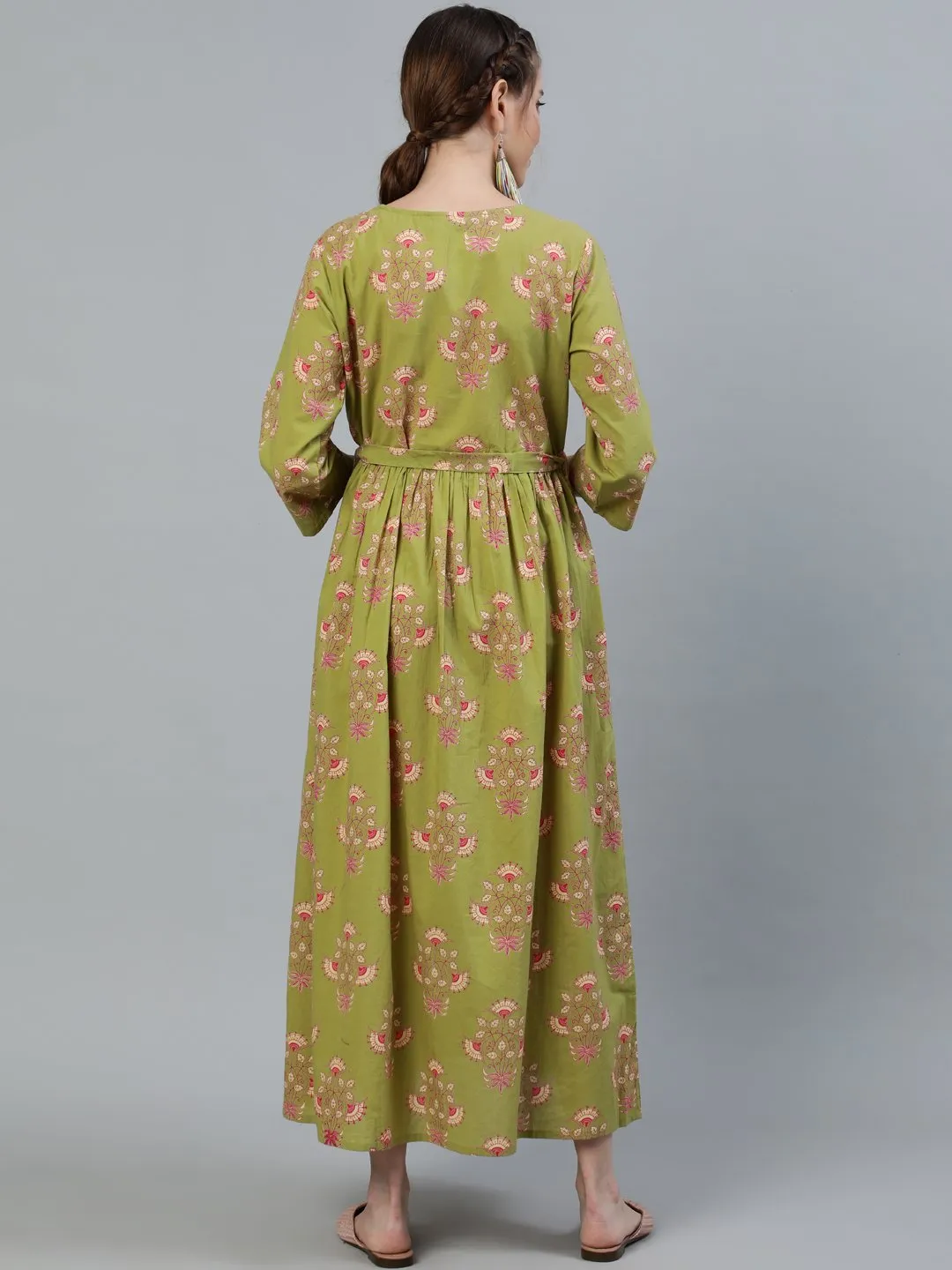 Women Green Printed Maternity Dress With Three Quarter Sleeves