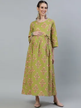 Women Green Printed Maternity Dress With Three Quarter Sleeves