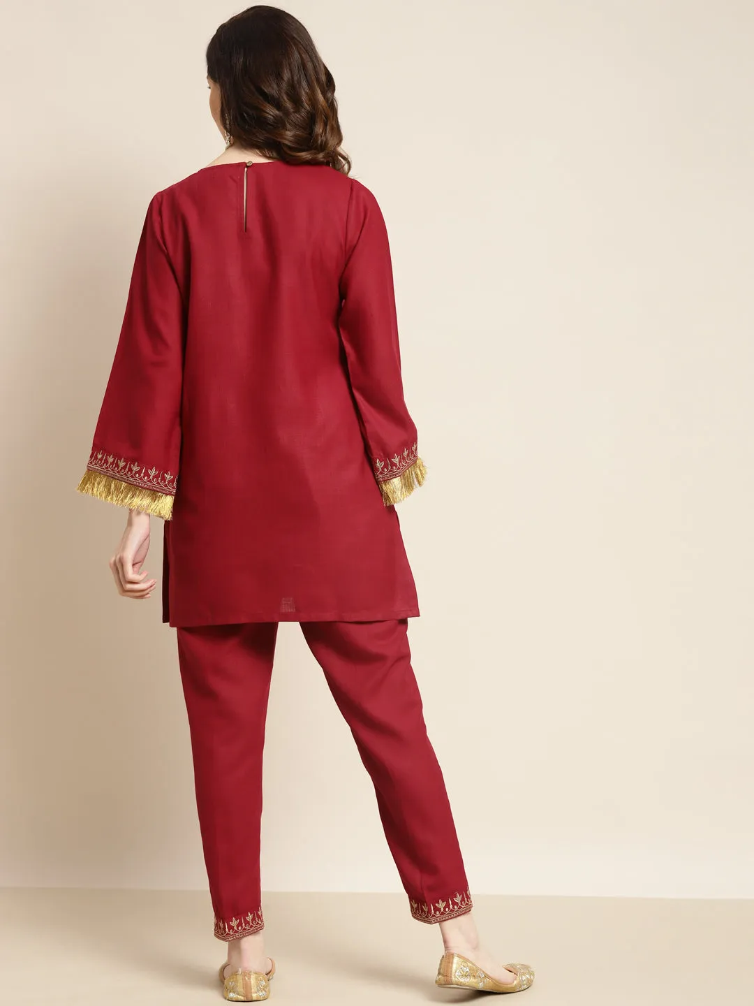 Women Maroon Embroidered Short Kurta With Pencil Pants