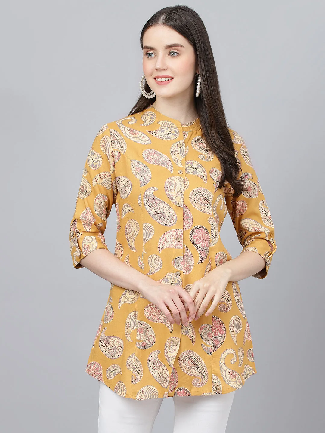 Women Mustard Floral Rayon A-Line Shirts Style Top