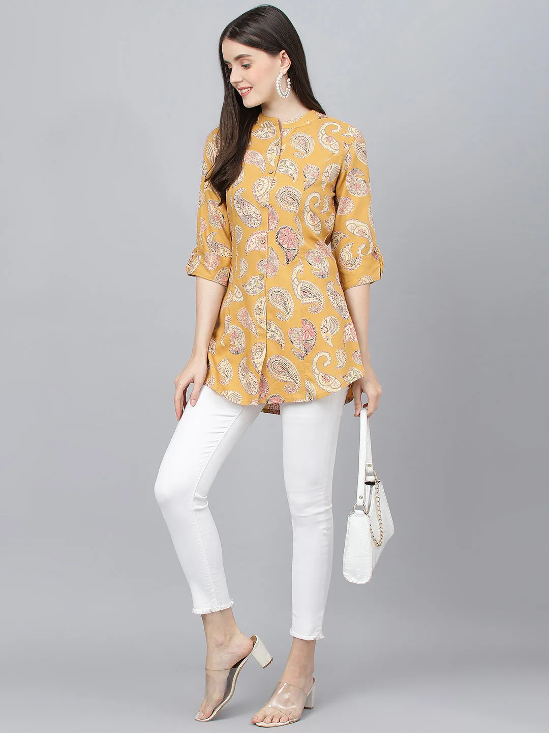 Women Mustard Floral Rayon A-Line Shirts Style Top