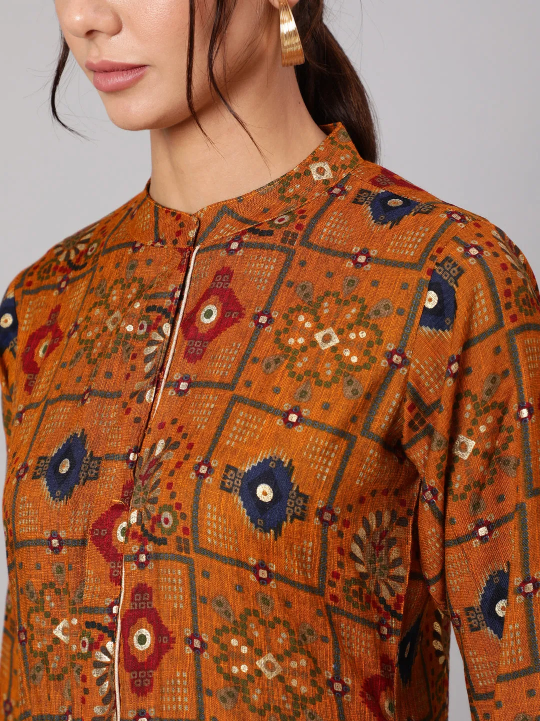 Women Mustrad Ethnic Printed Gathered Dress With Three Quarter Sleeves