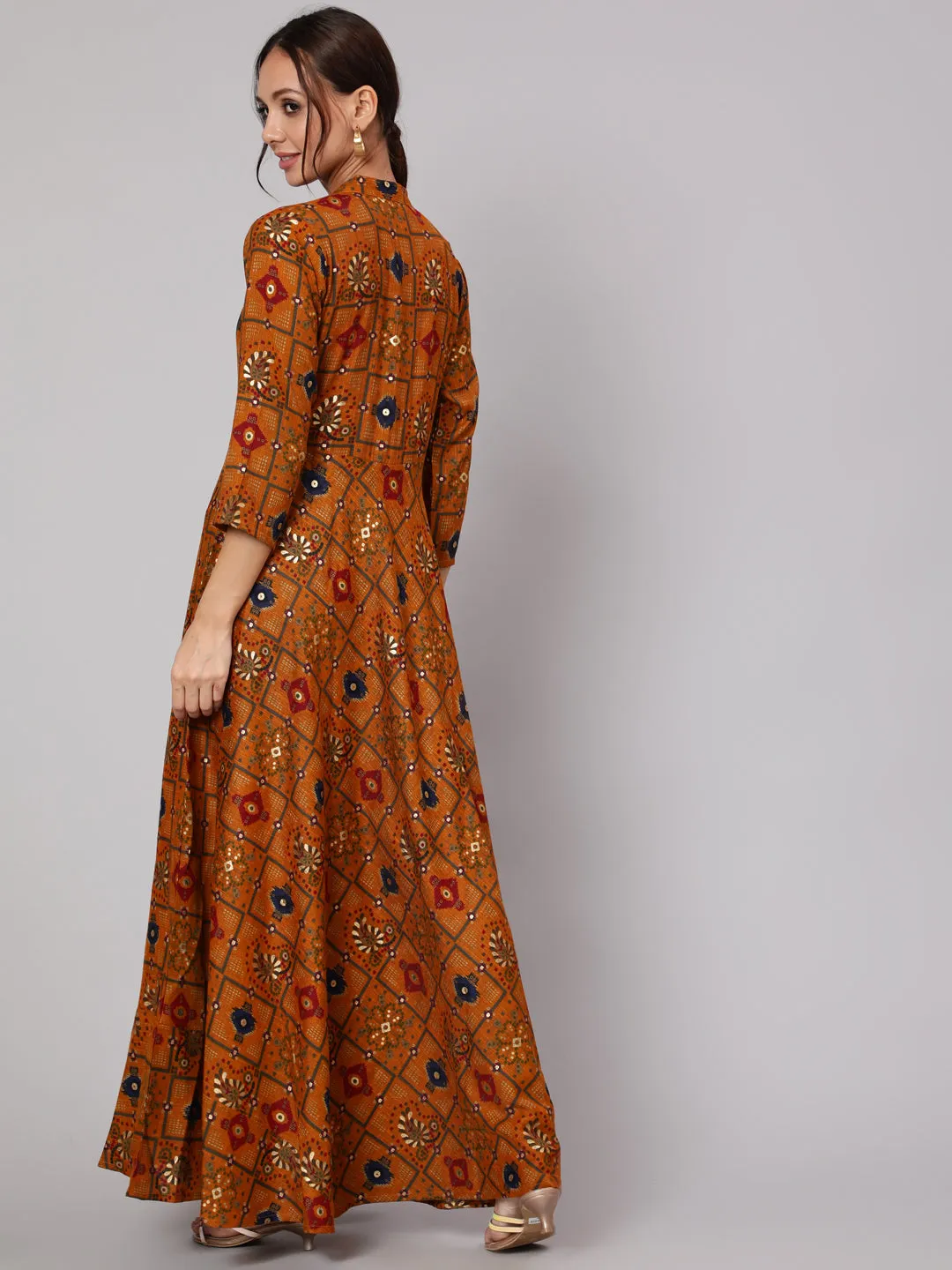 Women Mustrad Ethnic Printed Gathered Dress With Three Quarter Sleeves